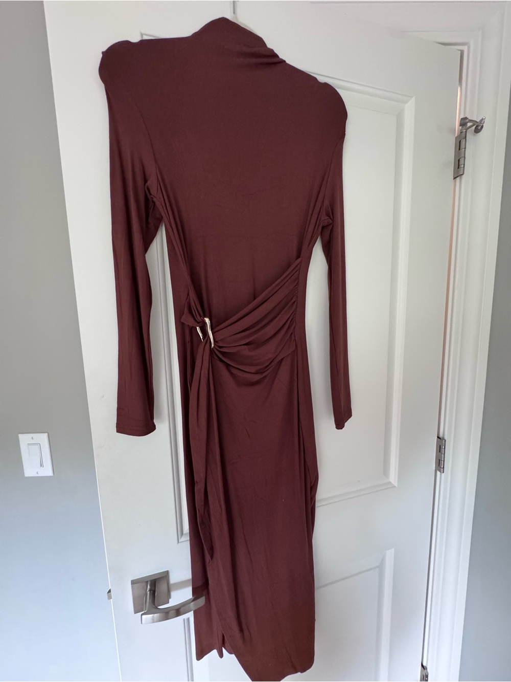 Long-Sleeve Midi Dress with Side Drape in Chocolate Brown, size small